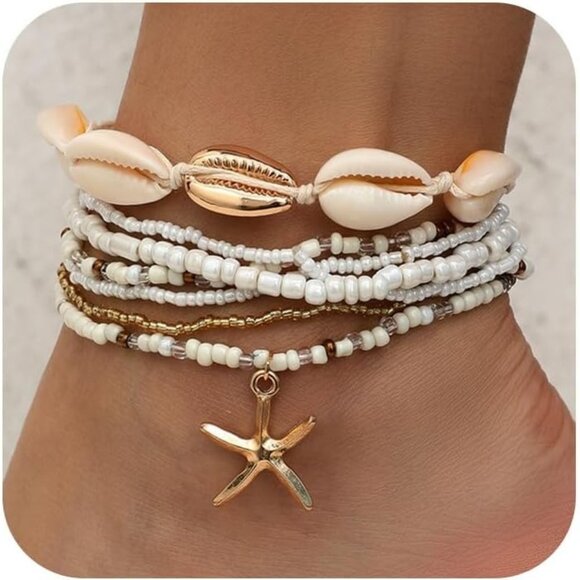 Women Boho Shell Anklet Set Beaded Starfish Adjustable Beach Foot Jewelry - Picture 1 of 7
